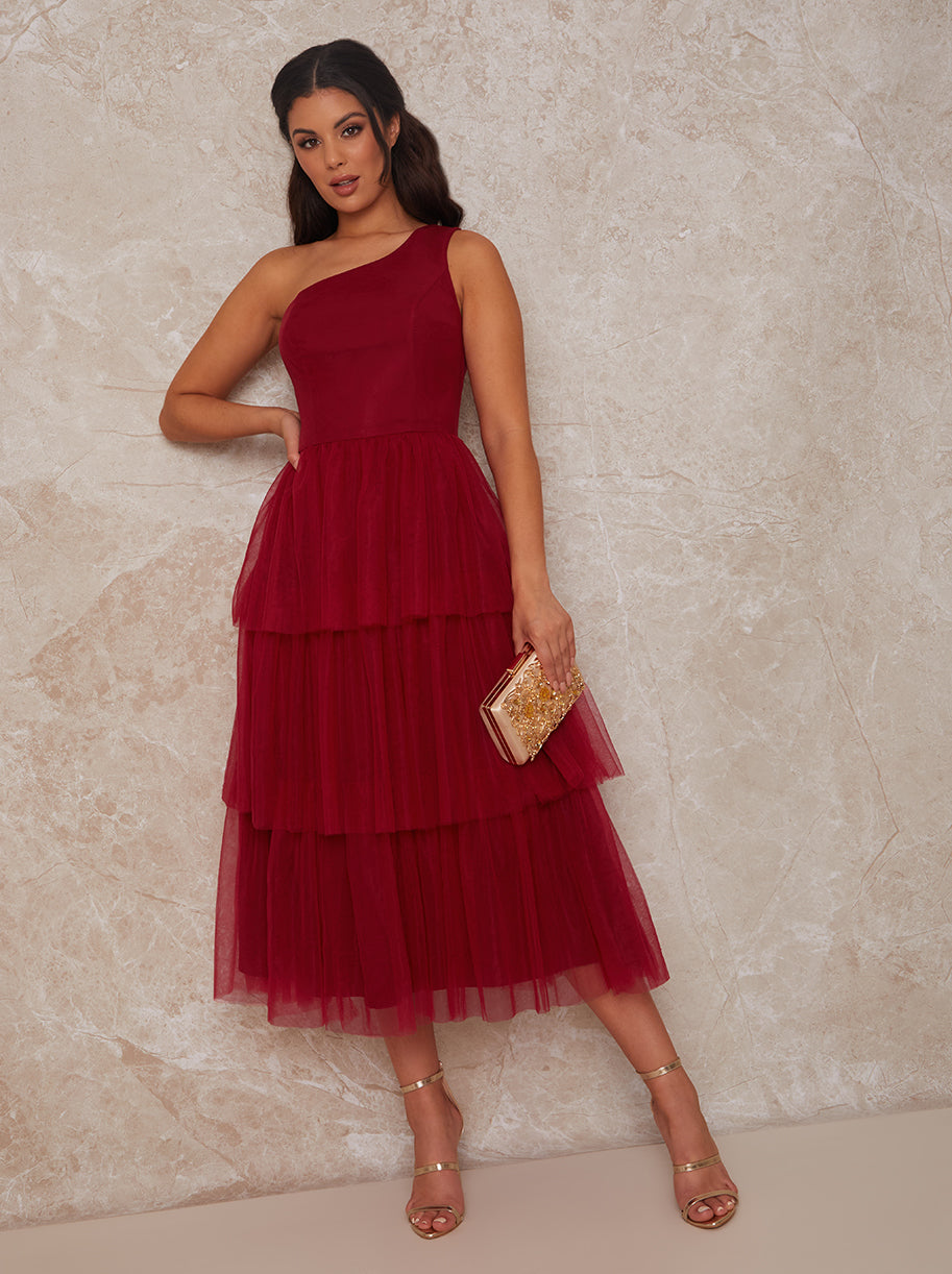 One Shoulder Tulle Tiered Midi Dress in ...
